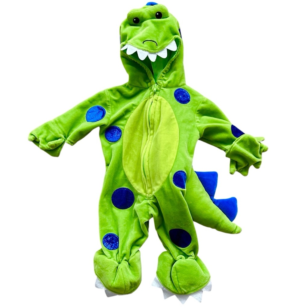 Miniwear Green Blue Spots Dinosaur Costume Padded Tail Hooded Face Zipper 0-3 Mo